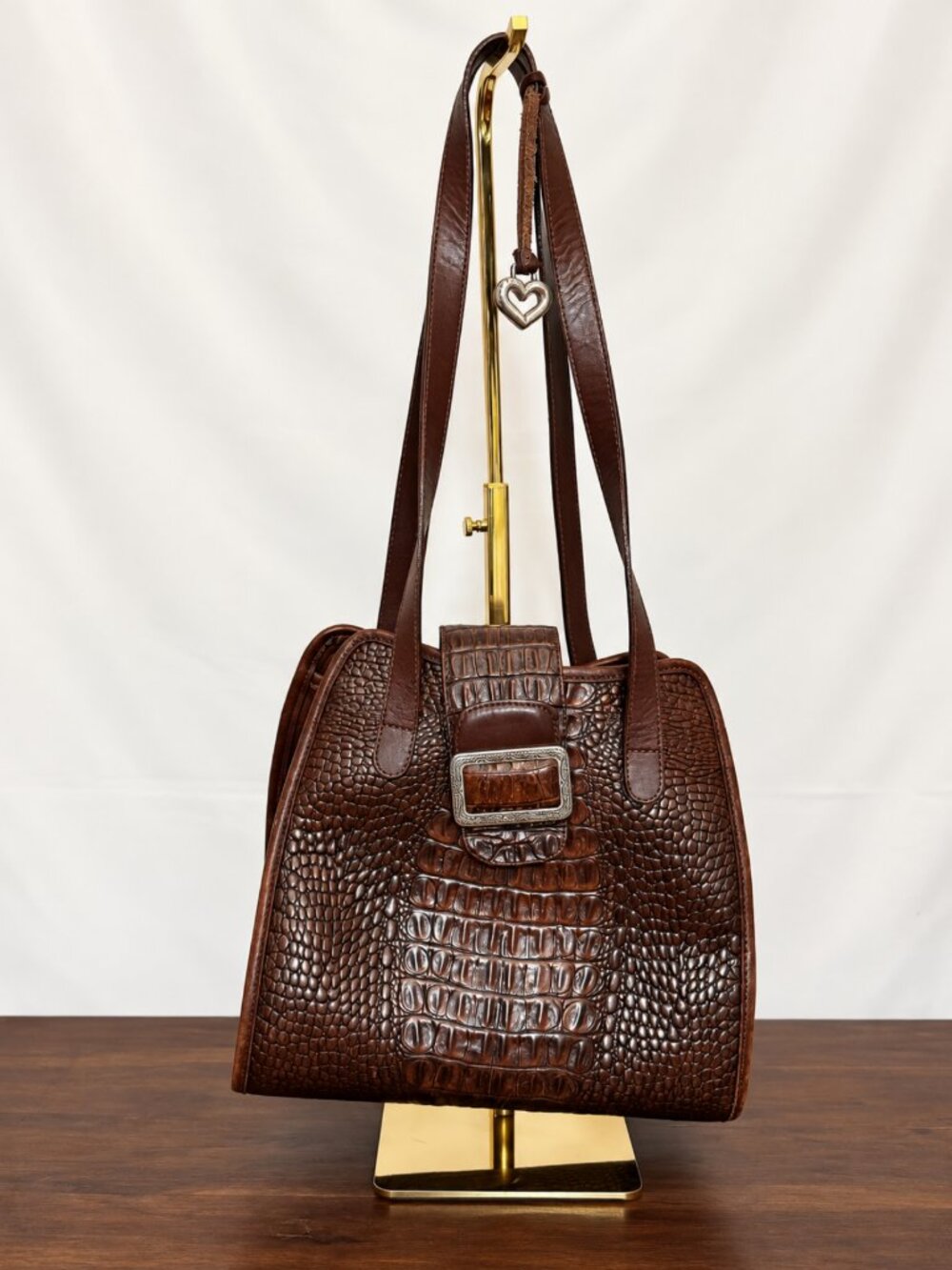 Brighton Brown Croc Embossed Leather Shoulder Tote Bag Heart Charm